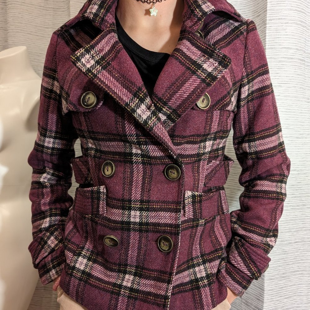 Purple Plaid Double Breasted Vintage Short Coat - Great Detailing - Size S